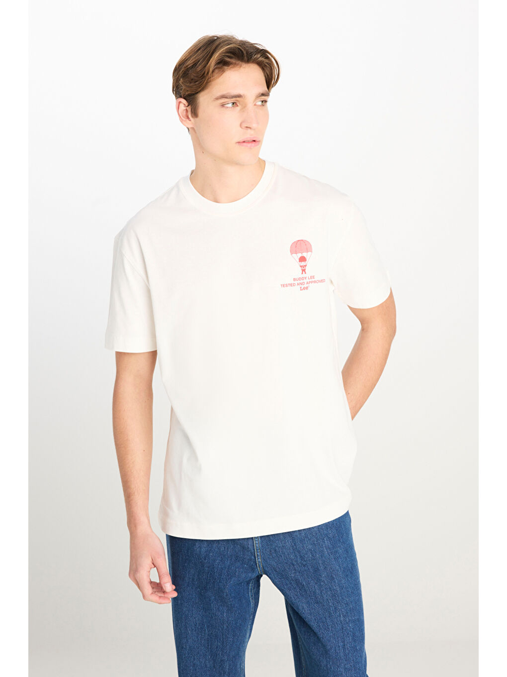 %100 Pamuk Relaxed Fit Geniş Kesim Bisiklet Yaka Beyaz Tişört-1