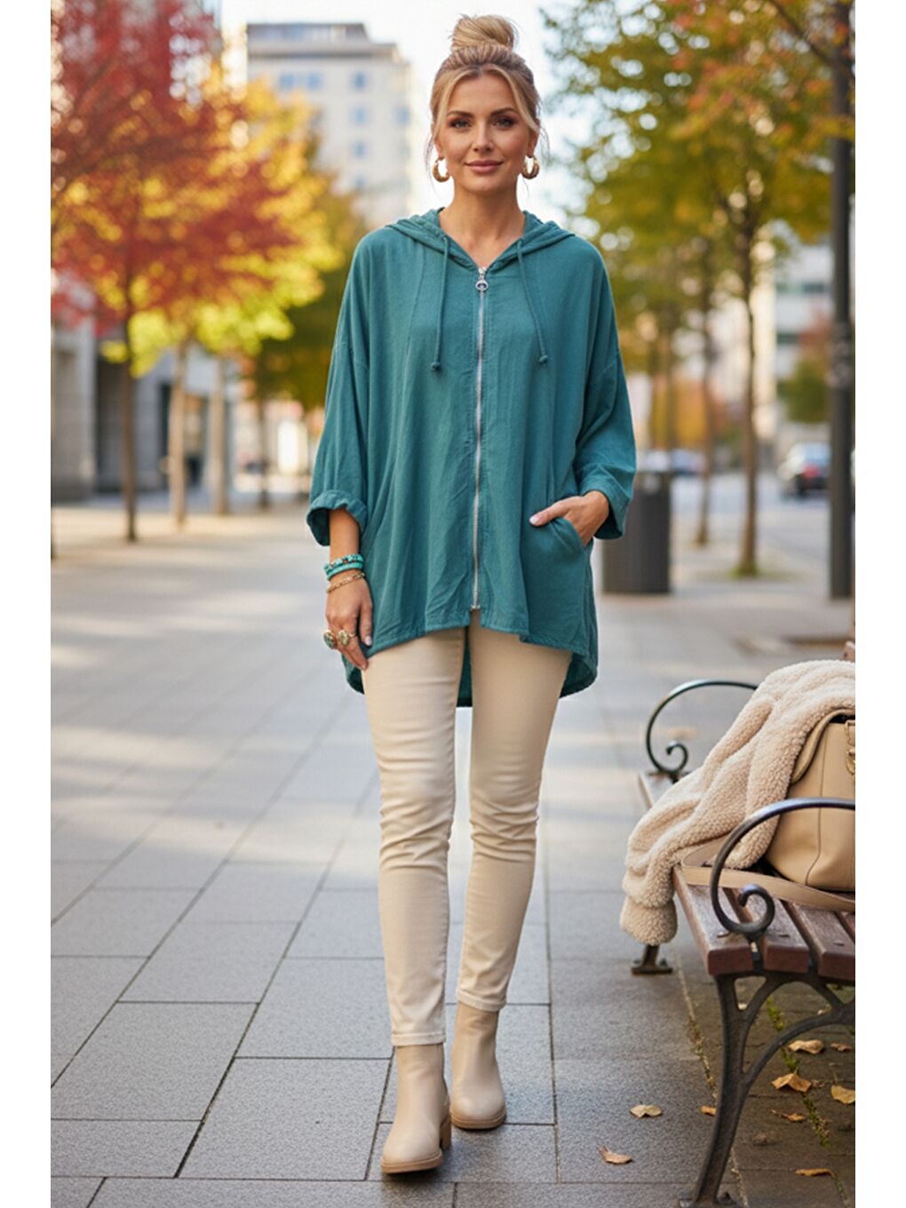 İtalyan Petrol Mavisi Kapüşonlu 3/4 Kol Fermuarlı Cepli Casual Pamuklu Dokuma Ceket 70 70-6