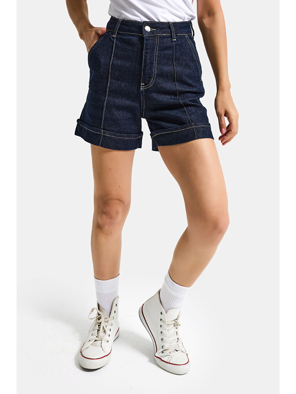 Kadın İndigo Selvedge 7s6-50 Straight Fit Relax Denim Şort