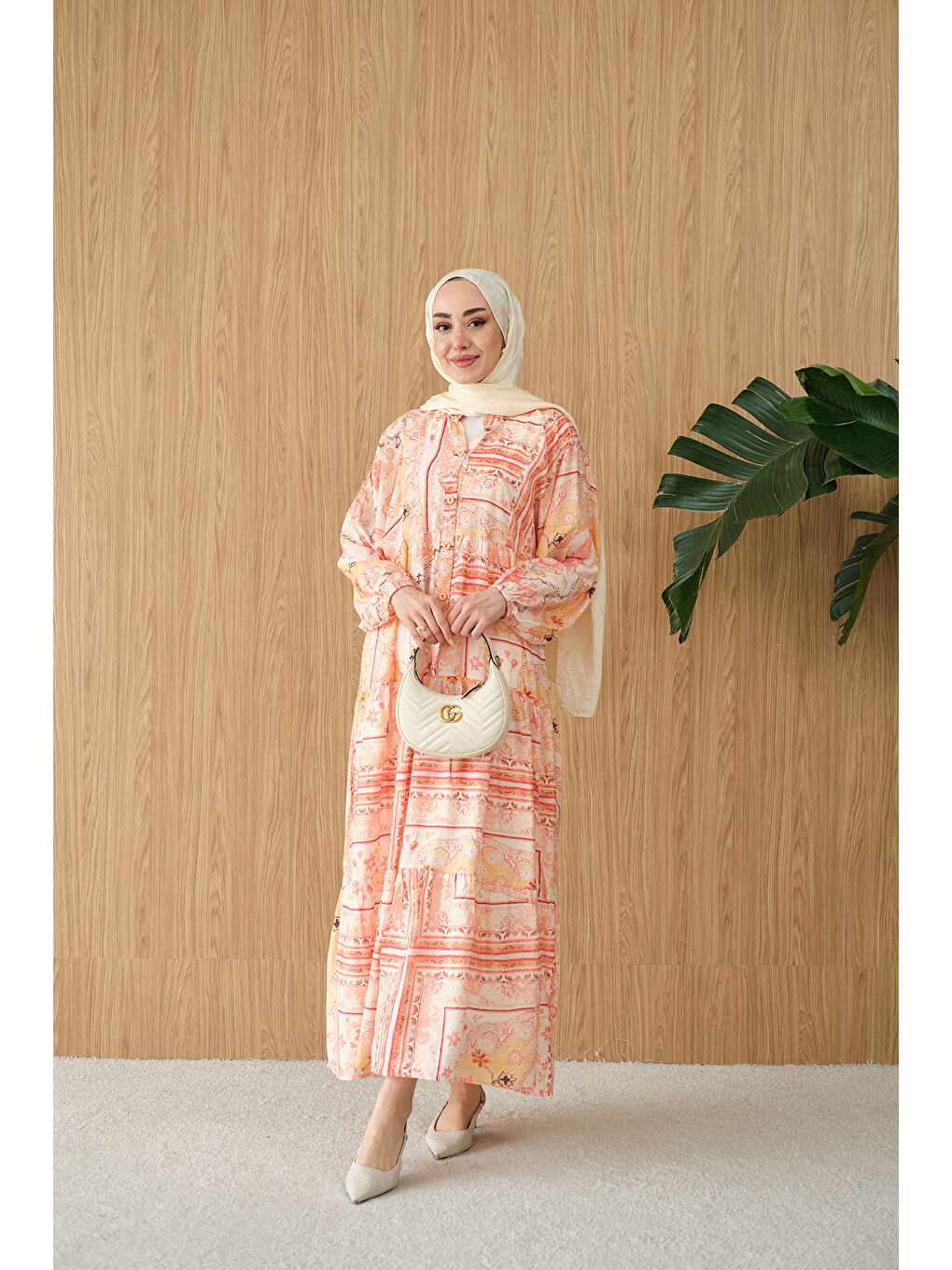 Kadın Etnik Bohem Desen Elbise Turuncu-3