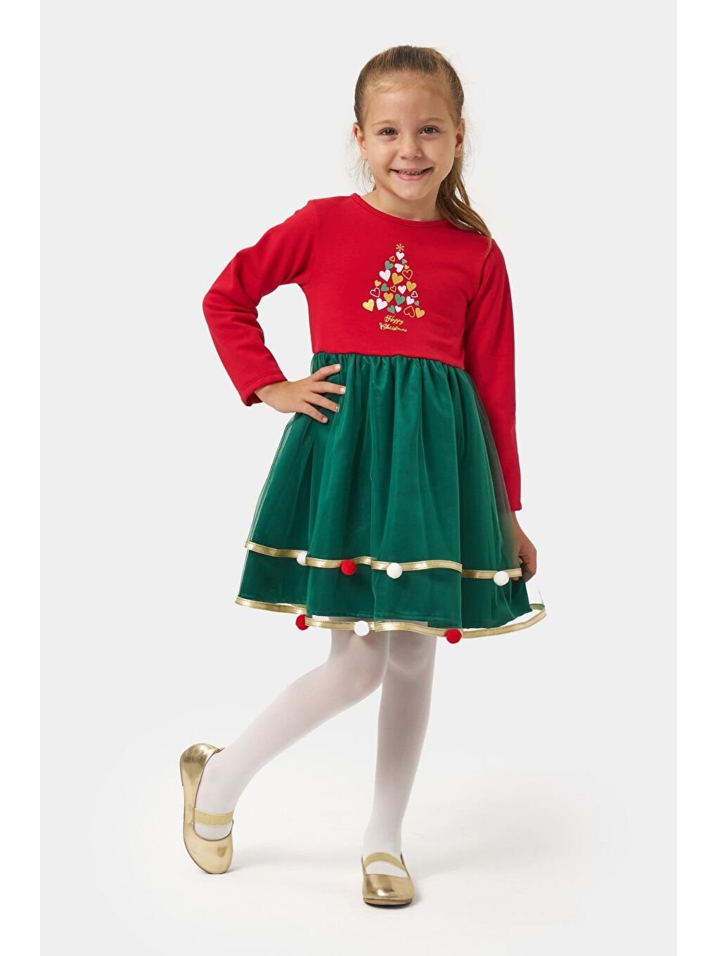 Kız Çocuk Pamuklu Kırmızı Ağacı Desenli Elbise - Tüllü Ve Ponpon Detaylı Yılbaşı Elbisesi-1