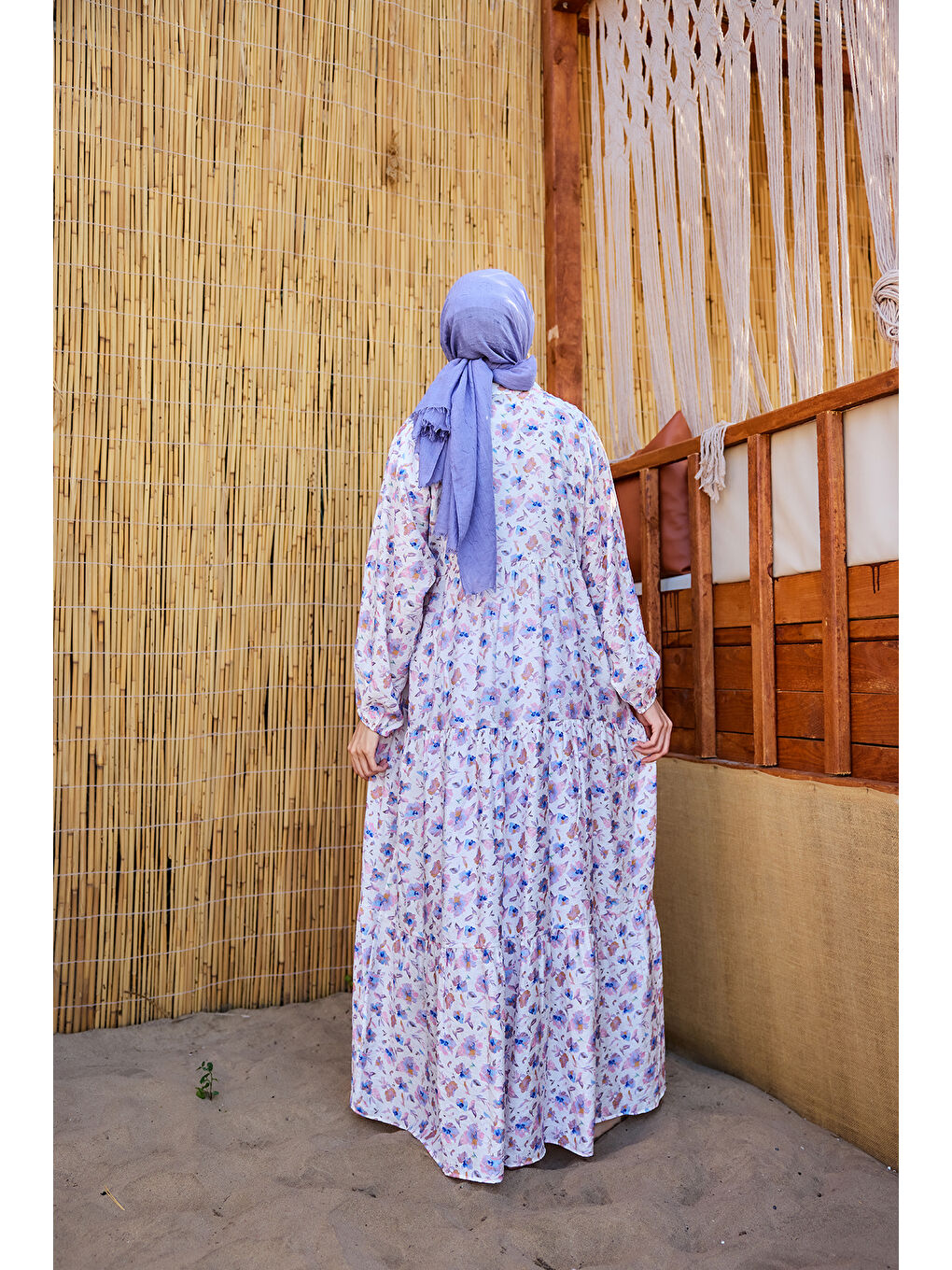 Kadın Sulu Boya Çiçek Desen Elbise Lila-4