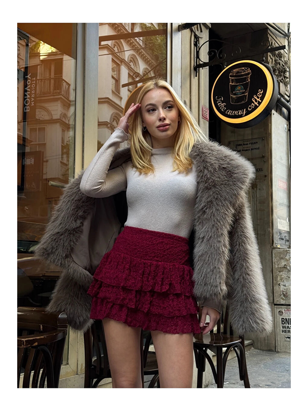 Kadın Bordo Katlı Dantelli Astarlı Mini Etek HZL25W-ZK13481-3