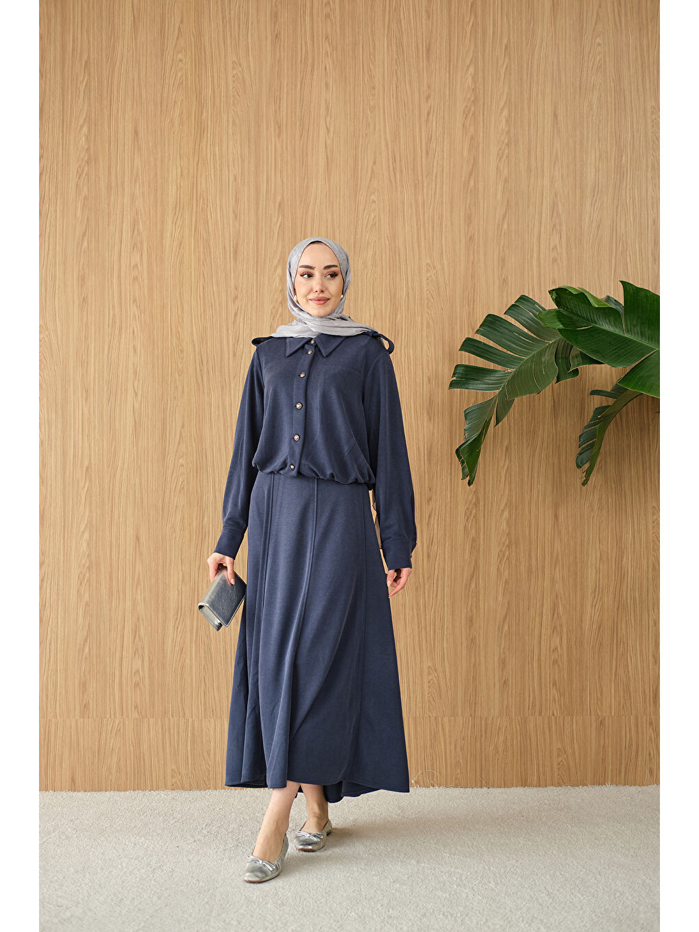 Kadın Gömlek Yaka Gümüş Düğme Detay Takım Lacivert