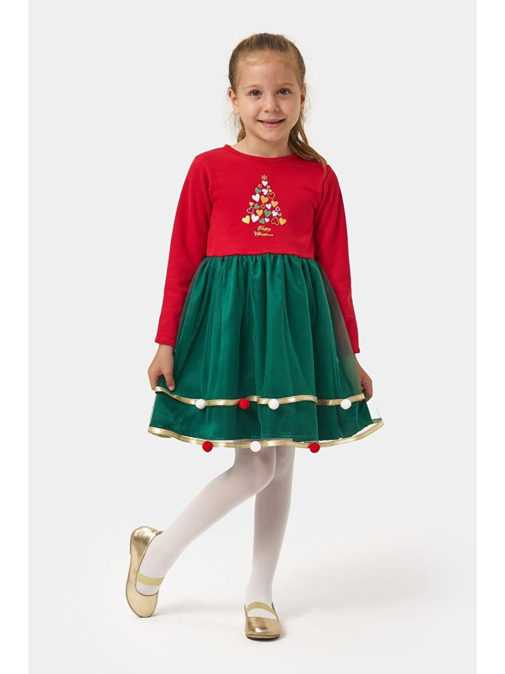 Kız Çocuk Pamuklu Kırmızı Ağacı Desenli Elbise - Tüllü Ve Ponpon Detaylı Yılbaşı Elbisesi-2