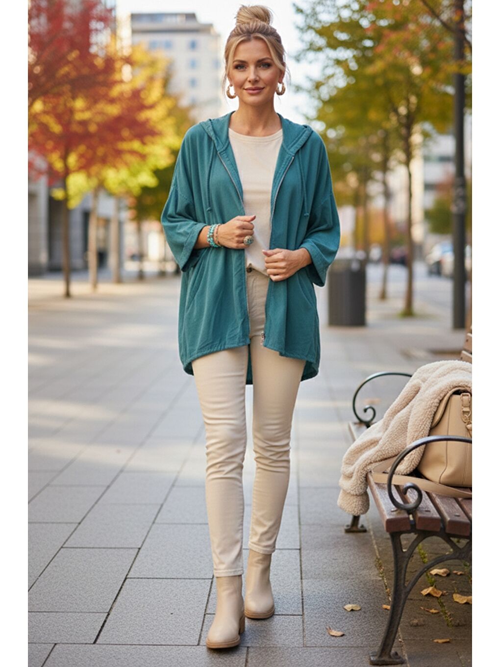 İtalyan Petrol Mavisi Kapüşonlu 3/4 Kol Fermuarlı Cepli Casual Pamuklu Dokuma Ceket 70 70-7