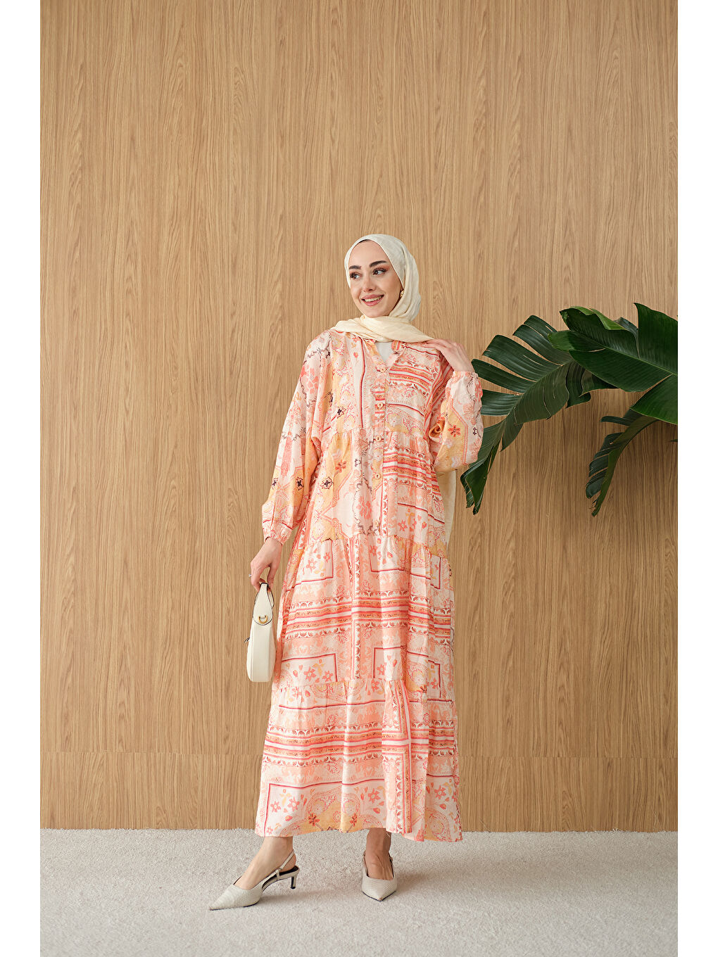 Kadın Etnik Bohem Desen Elbise Turuncu-4