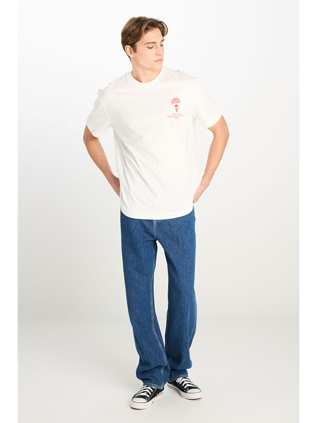 %100 Pamuk Relaxed Fit Geniş Kesim Bisiklet Yaka Beyaz Tişört-2