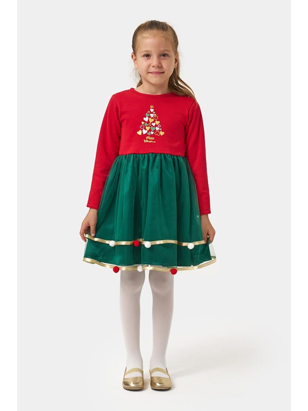 Kız Çocuk Pamuklu Kırmızı Ağacı Desenli Elbise - Tüllü Ve Ponpon Detaylı Yılbaşı Elbisesi-3