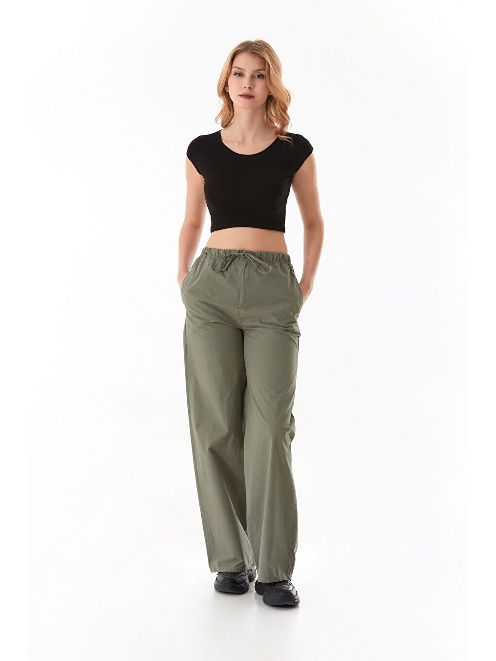 Haki Beli Lastikli Paraşüt Kumaş Pantolon-1