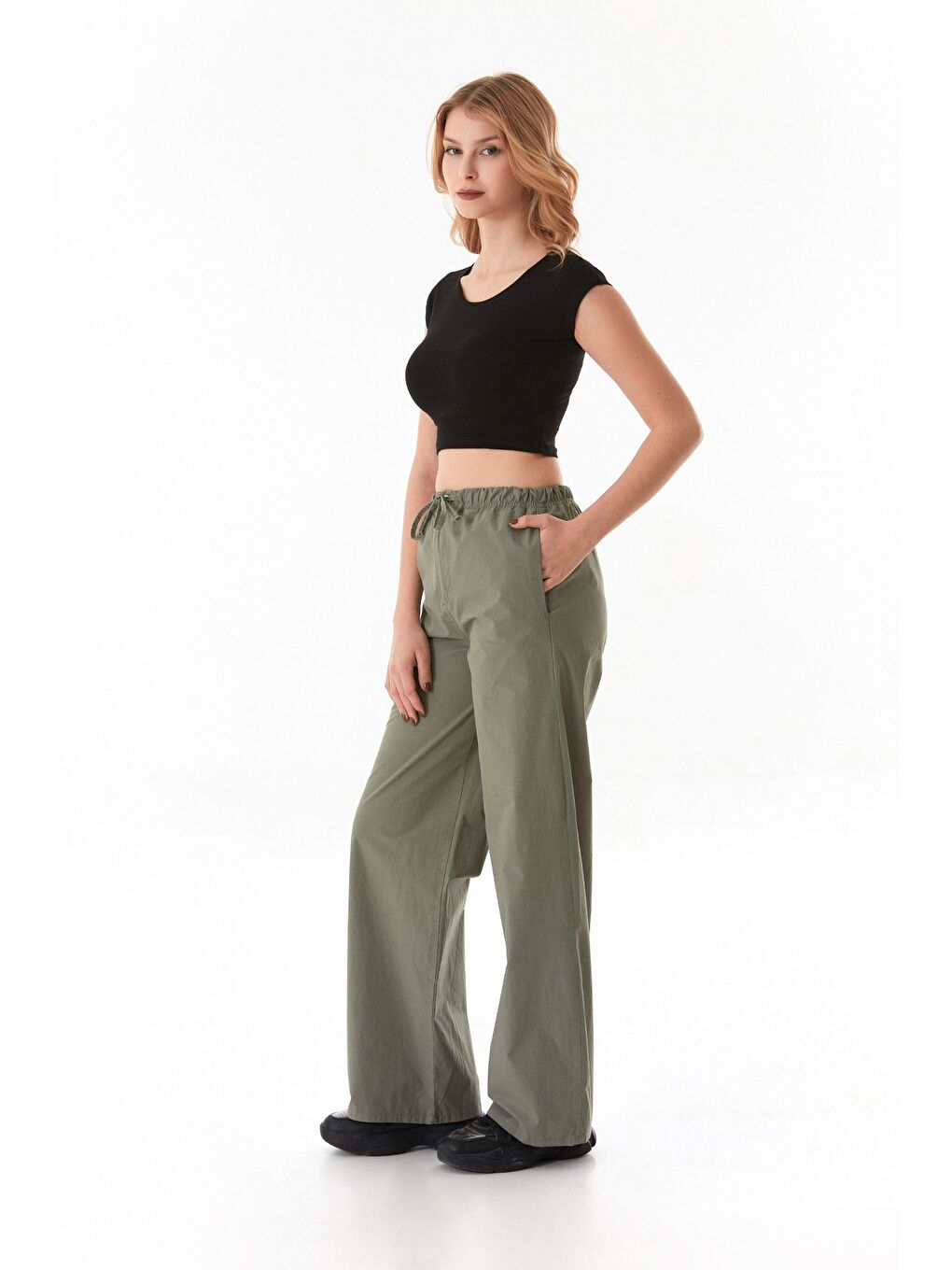 Haki Beli Lastikli Paraşüt Kumaş Pantolon-2