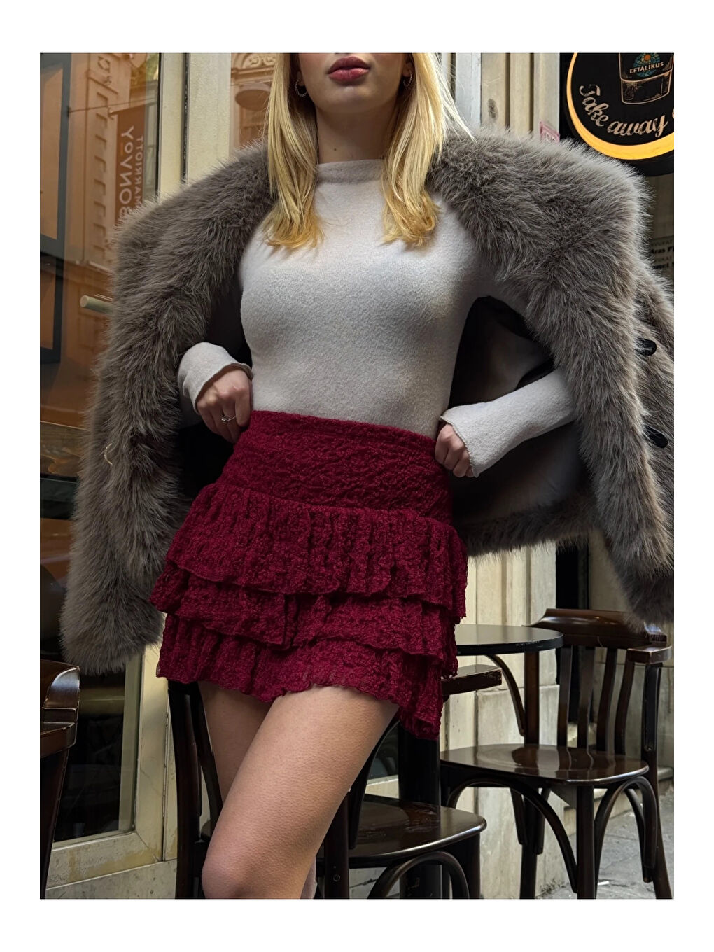 Kadın Bordo Katlı Dantelli Astarlı Mini Etek HZL25W-ZK13481-4