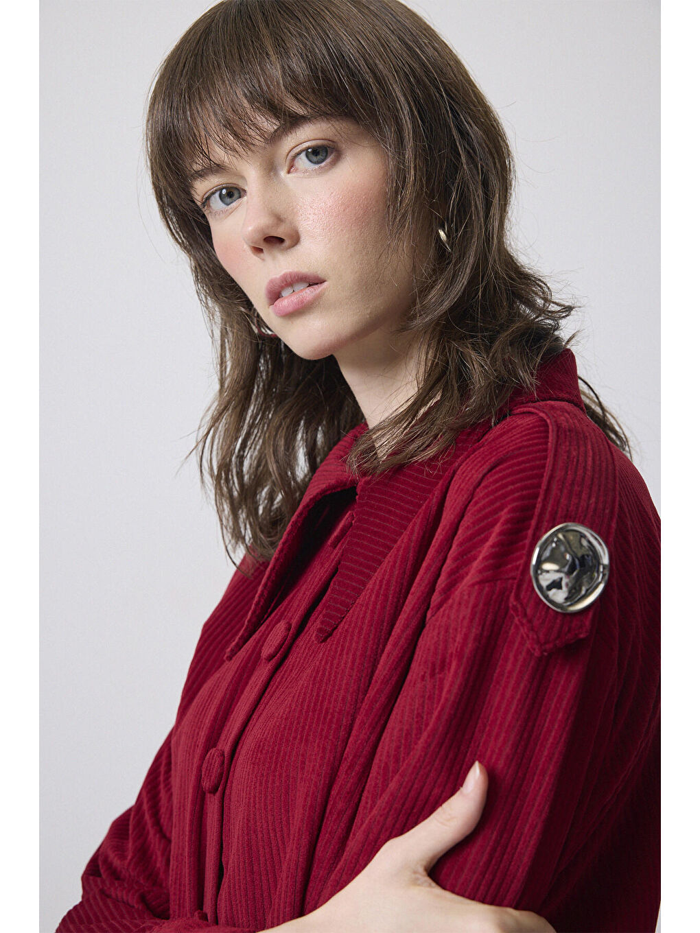 Bordo Apolet Detaylı Fitilli Kadife Gömlek-2