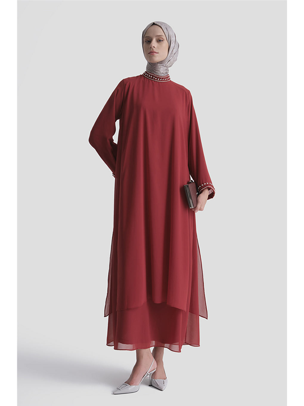 Taş Detaylı Elbise Bordo-2