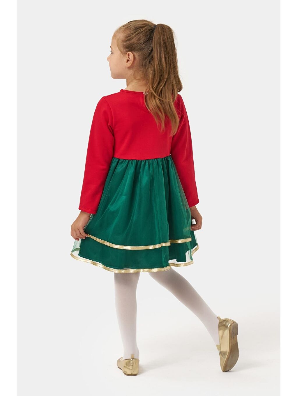 Kız Çocuk Pamuklu Kırmızı Ağacı Desenli Elbise - Tüllü Ve Ponpon Detaylı Yılbaşı Elbisesi-4