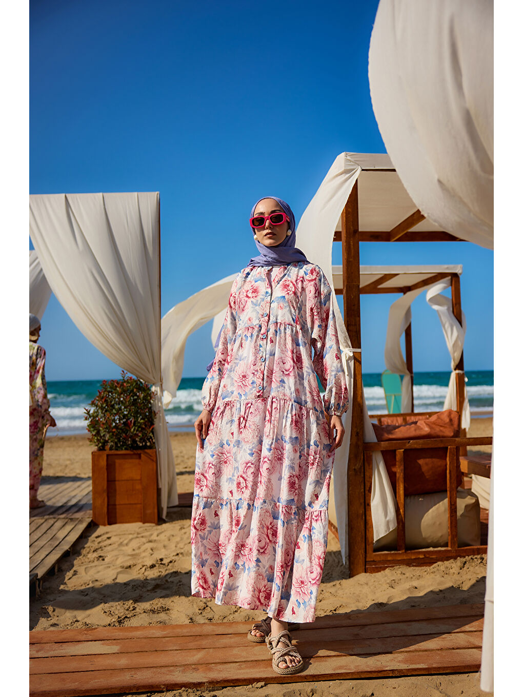 Kadın Şakayık Desen Elbise Mavi-1