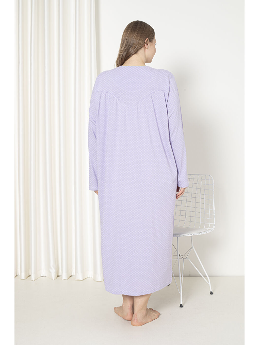 Lila %100 Pamuklu Penye Uzun Kol Büyük Beden Anne Geceliği 052-4