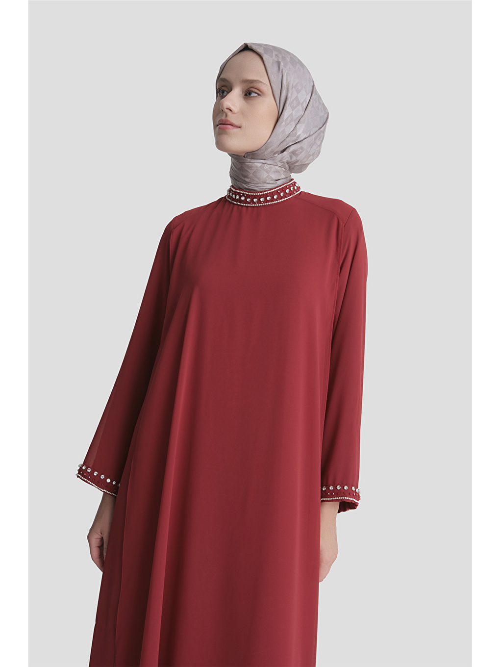 Taş Detaylı Elbise Bordo-3