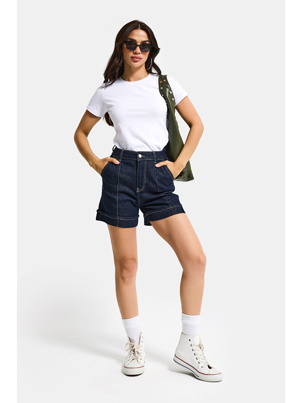 Kadın İndigo Selvedge 7s6-50 Straight Fit Relax Denim Şort-5