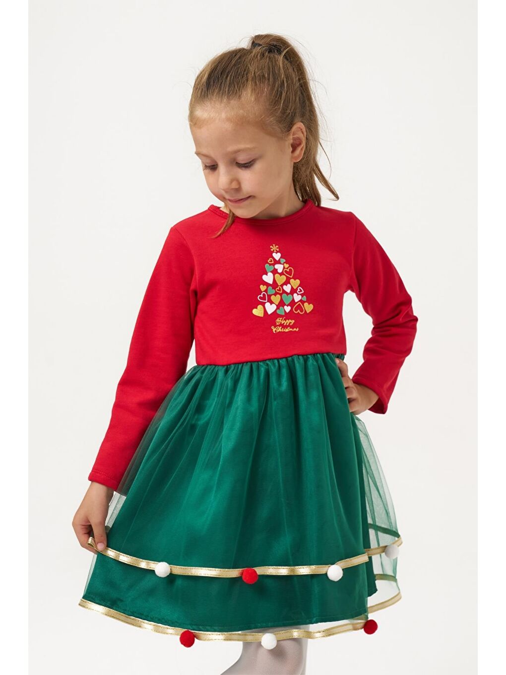 Kız Çocuk Pamuklu Kırmızı Ağacı Desenli Elbise - Tüllü Ve Ponpon Detaylı Yılbaşı Elbisesi-5