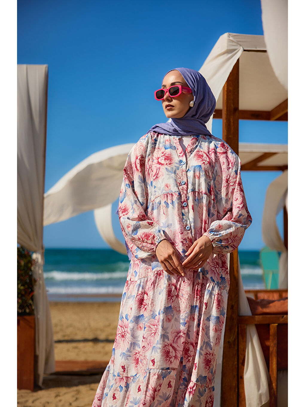 Kadın Şakayık Desen Elbise Mavi-2