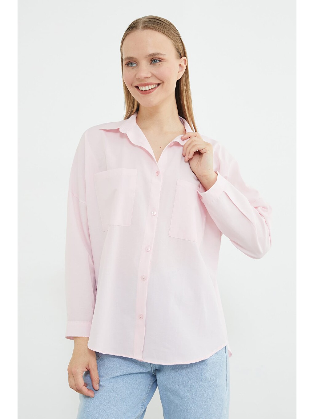 Pembe Basic Çift Cepli Gömlek-3