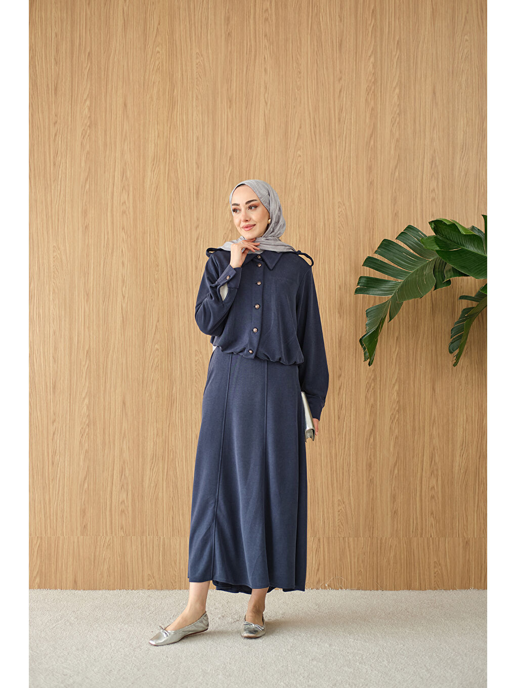 Kadın Gömlek Yaka Gümüş Düğme Detay Takım Lacivert-1