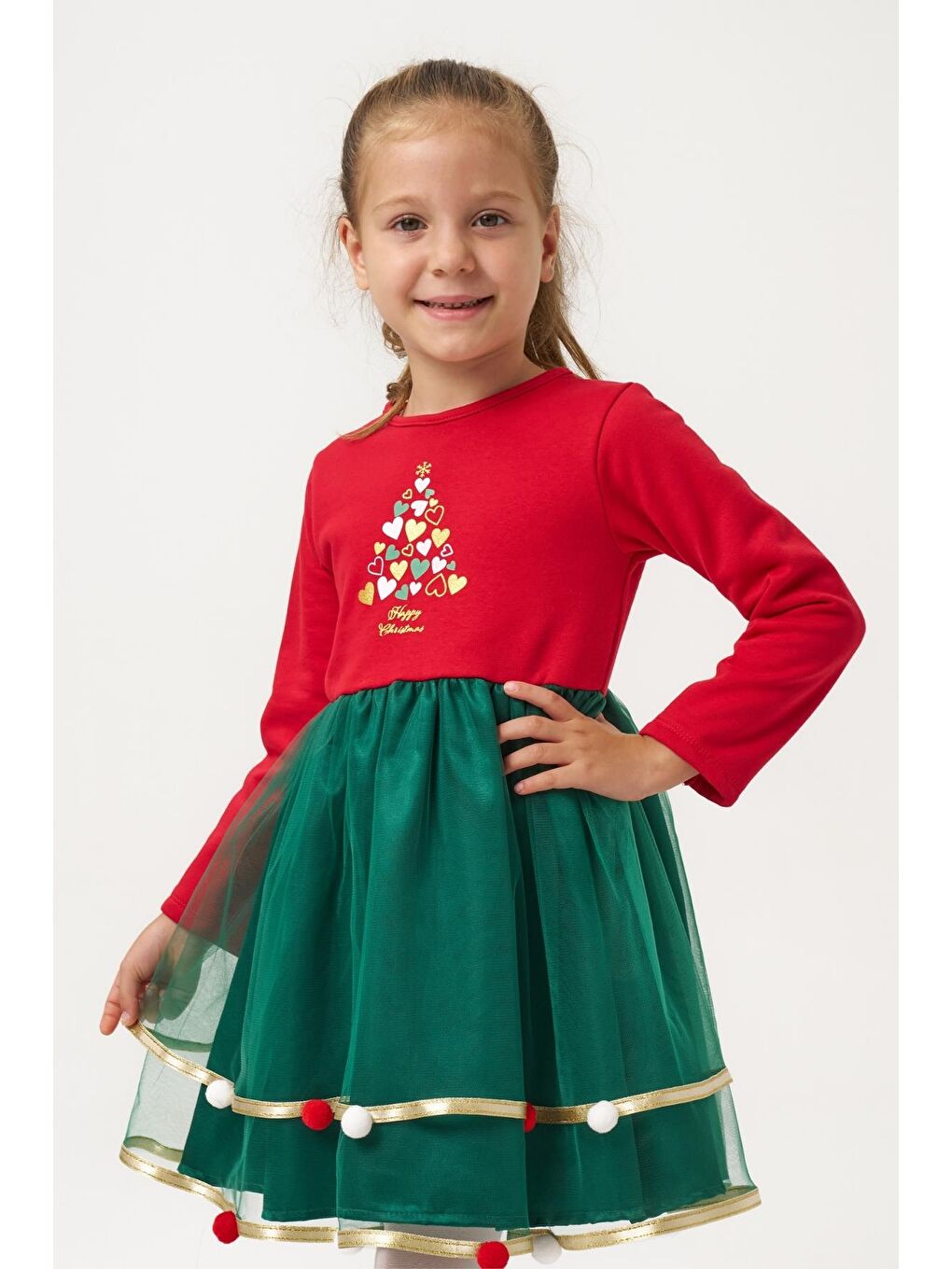 Kız Çocuk Pamuklu Kırmızı Ağacı Desenli Elbise - Tüllü Ve Ponpon Detaylı Yılbaşı Elbisesi-6