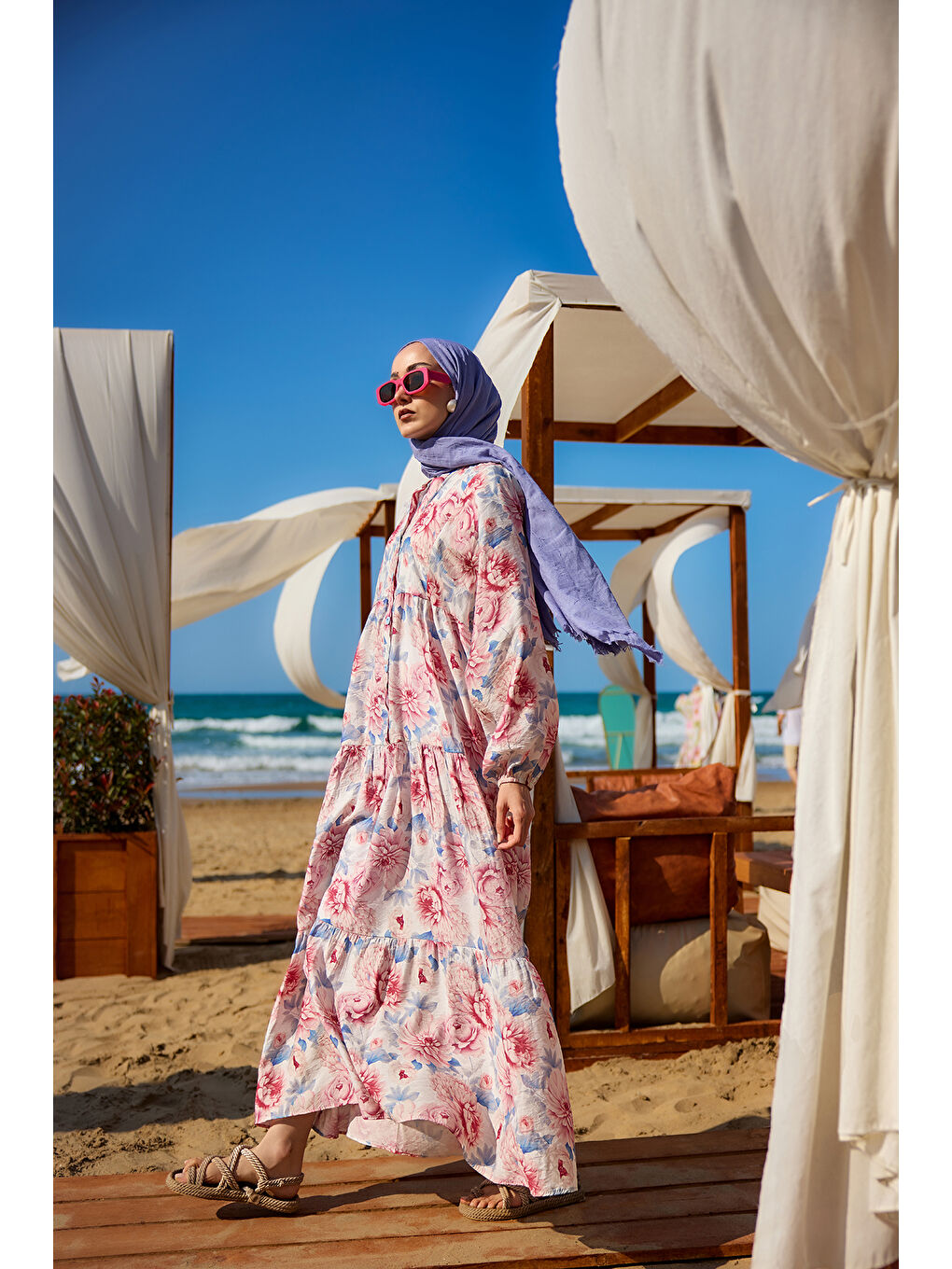 Kadın Şakayık Desen Elbise Mavi-3