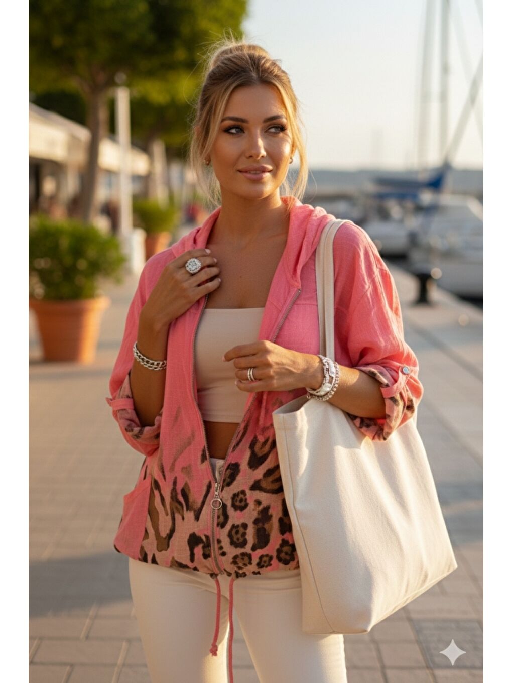 İtalyan Pembe Düğmeli Uzun Kollu Cepli Kapüşonlu Fermuarlı Baskılı Regular Boy Dokuma Ceket 68 65-1