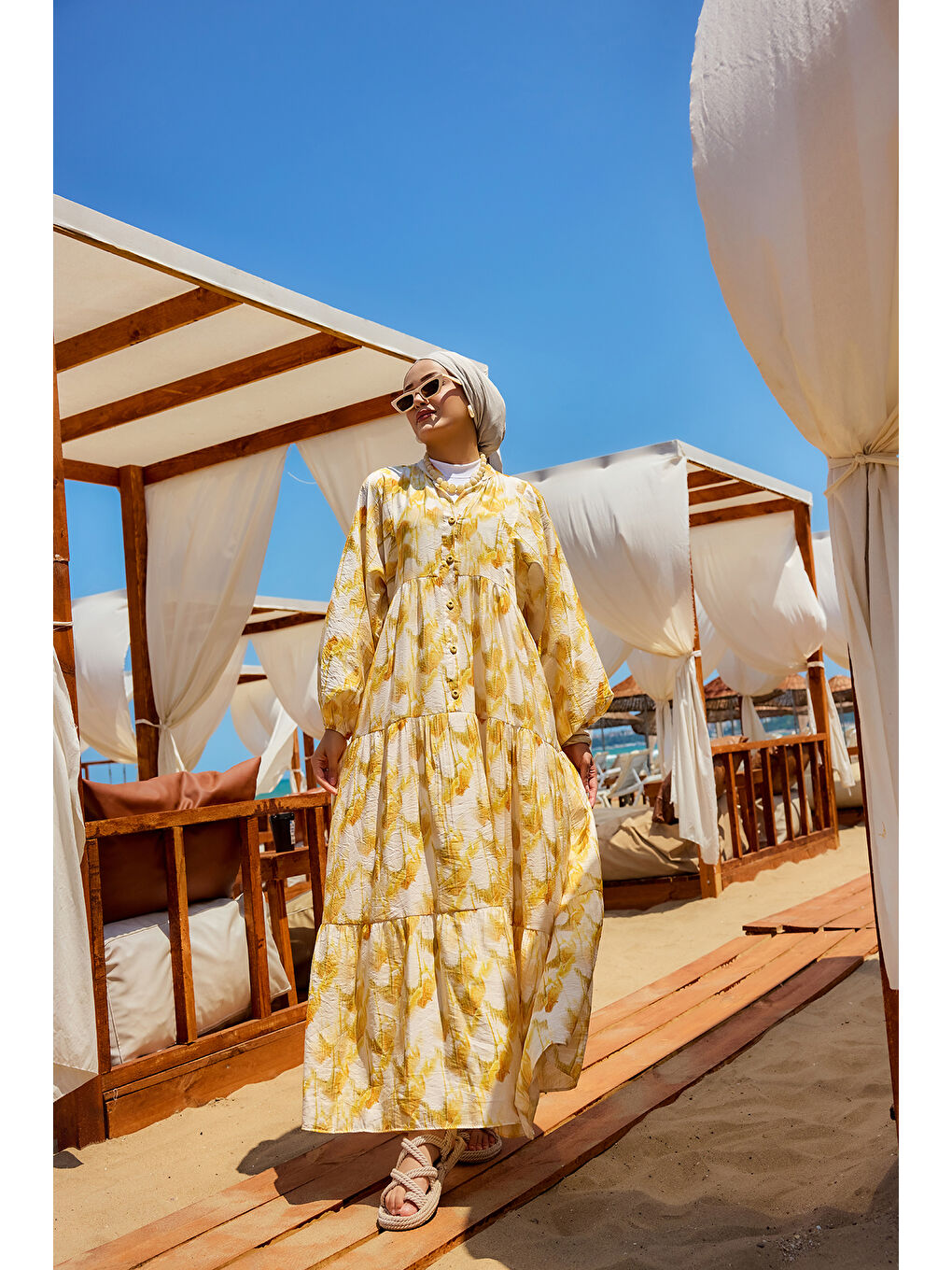 Kadın Fırça Desen Elbise Sarı-1