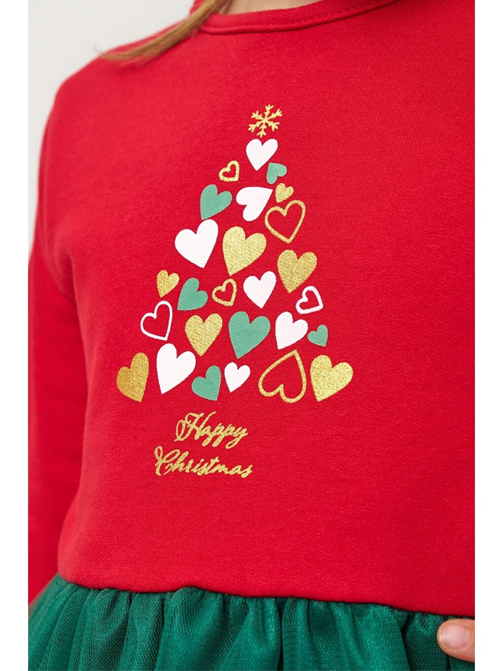 Kız Çocuk Pamuklu Kırmızı Ağacı Desenli Elbise - Tüllü Ve Ponpon Detaylı Yılbaşı Elbisesi-7