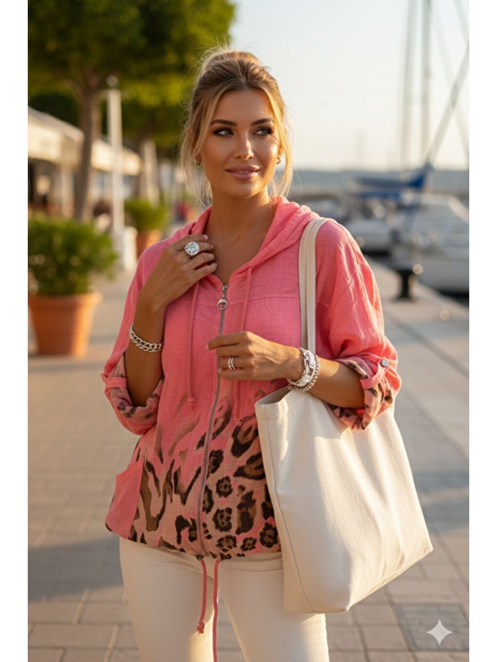 İtalyan Pembe Düğmeli Uzun Kollu Cepli Kapüşonlu Fermuarlı Baskılı Regular Boy Dokuma Ceket 68 65-2