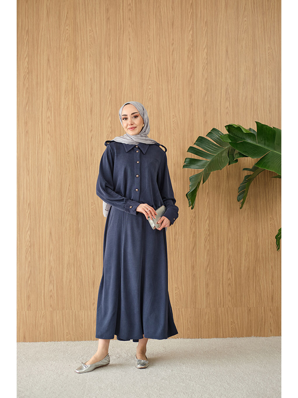 Kadın Gömlek Yaka Gümüş Düğme Detay Takım Lacivert-2
