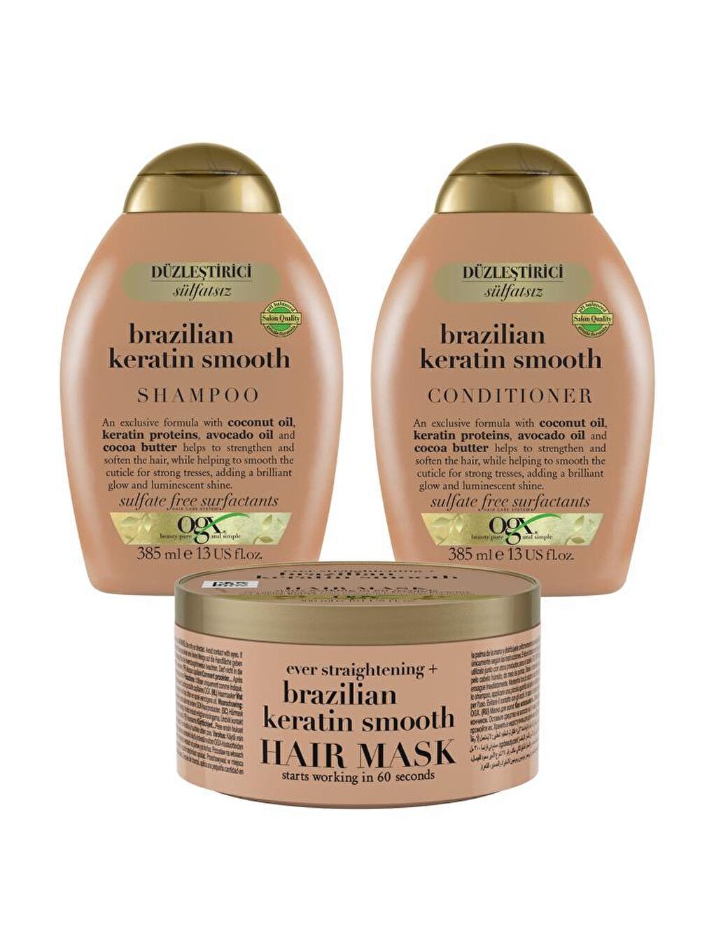 OGX Renksiz Düzleştirici Brazilian Keratin Smooth şampuan + saç kremi + saç maskesi - 1