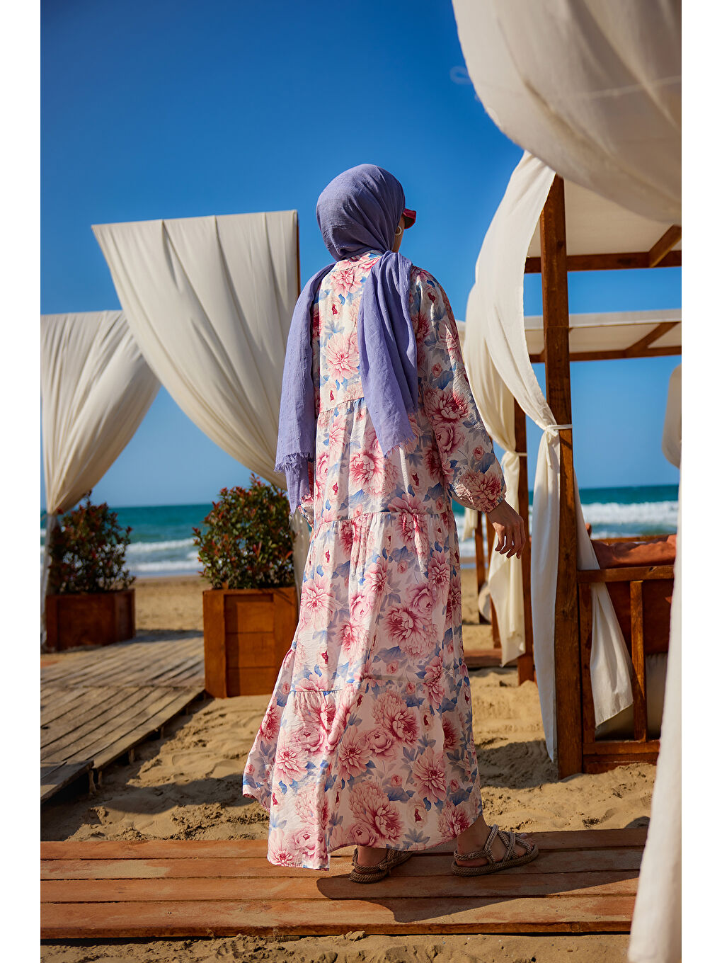 Kadın Şakayık Desen Elbise Mavi-4