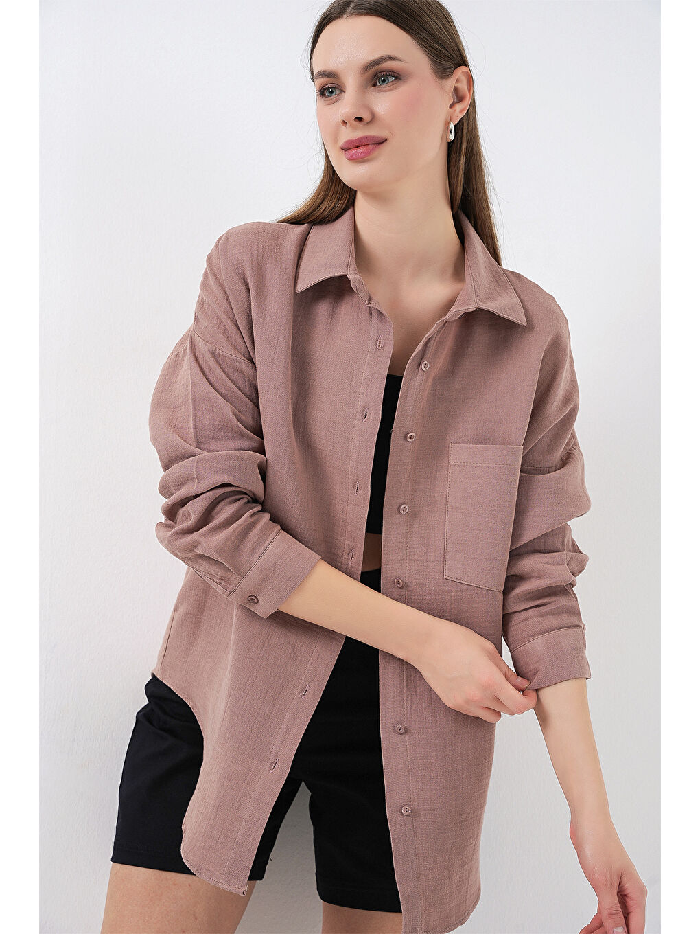 Pembe Kadın Tek Cepli Oversize Müslin Gömlek 20353 - Gül Kurusu