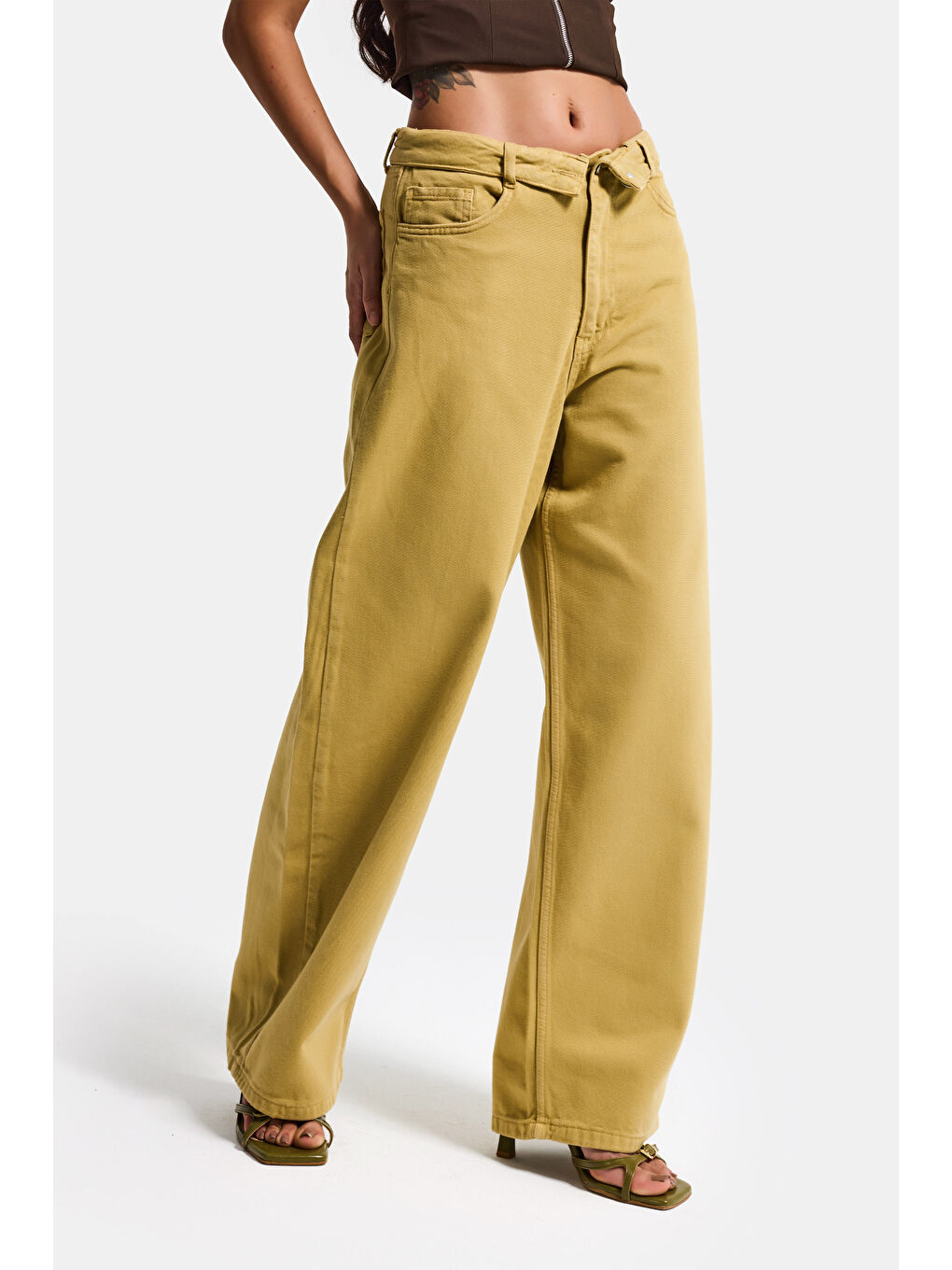 Sarı Kadın Hardal 6s6-186 Straight Fit Kemer Detaylı Özel Tasarım Denim Jean