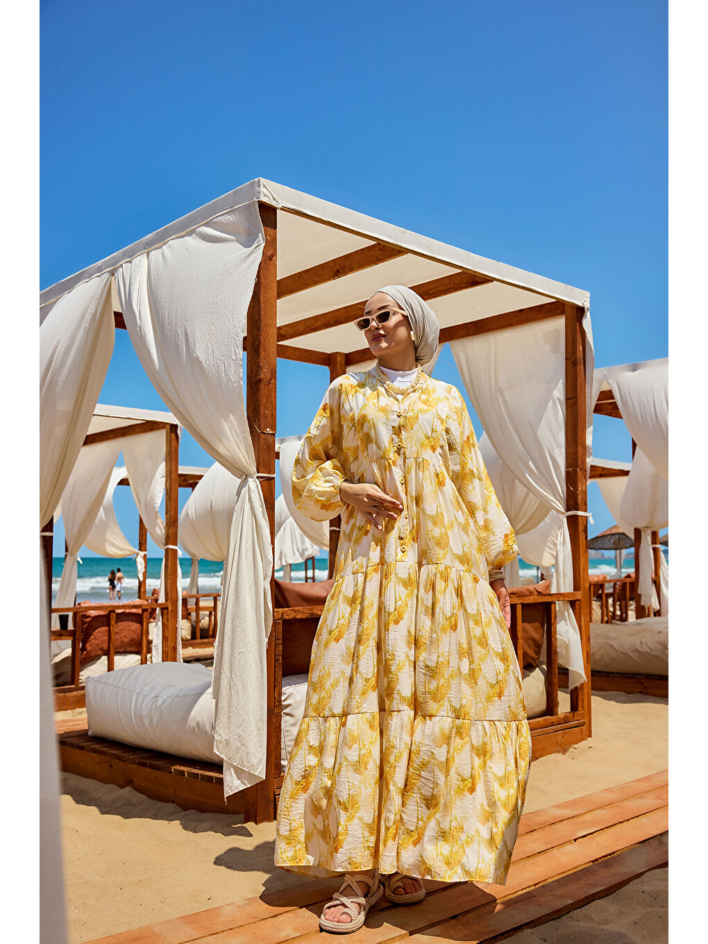 Kadın Fırça Desen Elbise Sarı-2