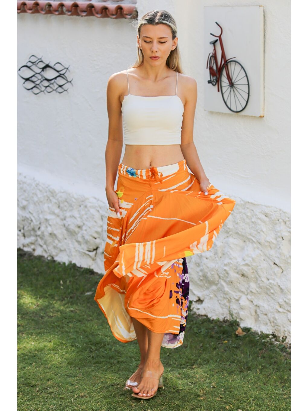 Turuncu Çift Cepli Allover Baskılı Dokuma Asimetrik Lastikli Ve Bağlamalı Bel Casual Etek-3