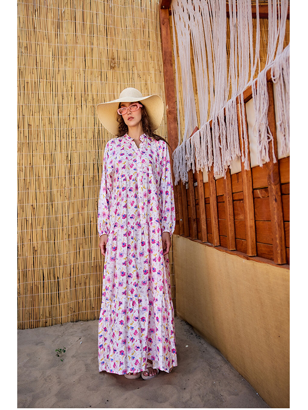 Kadın Sulu Boya Çiçek Desen Elbise Fuşya-1