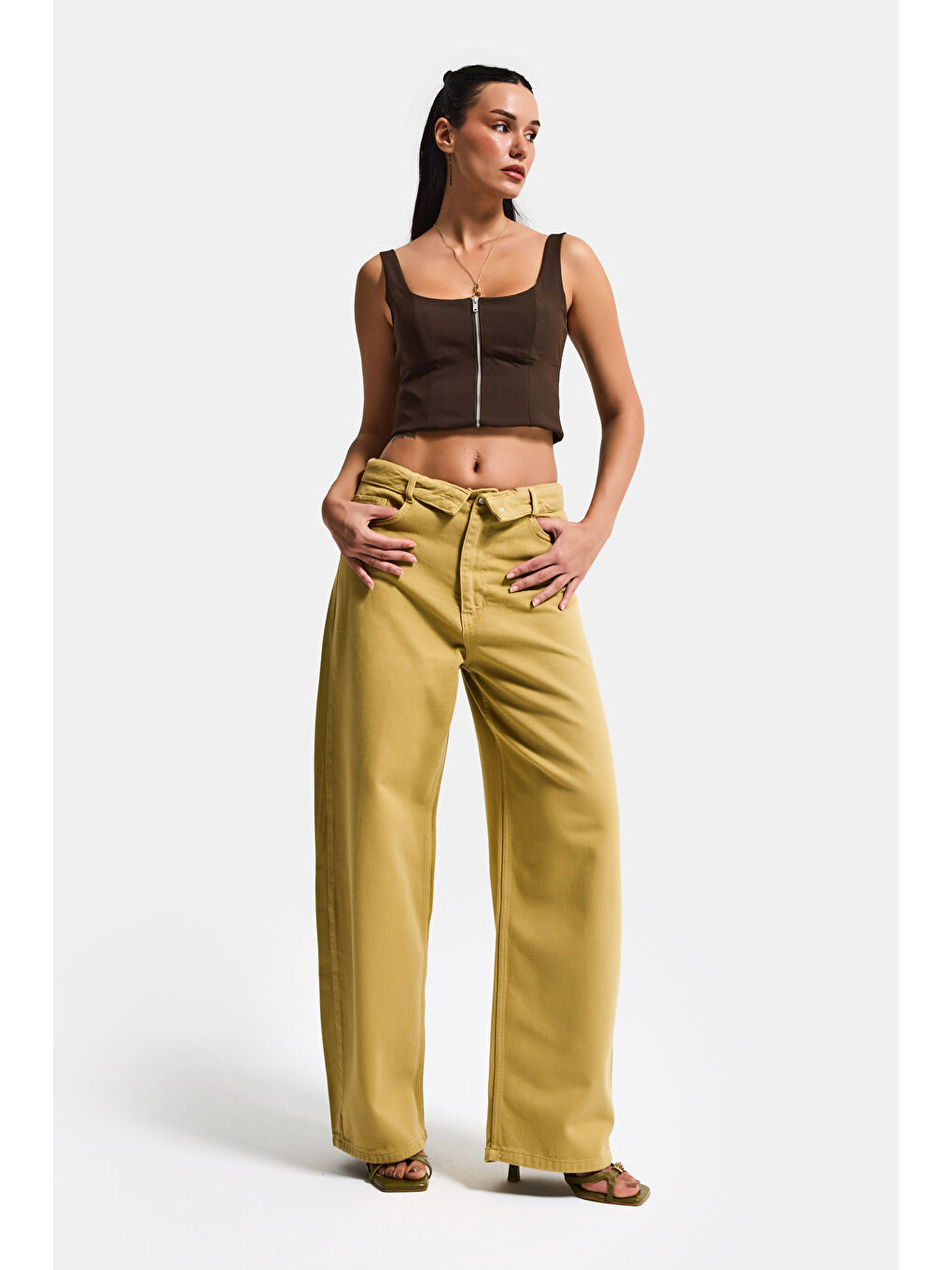 Sarı Kadın Hardal 6s6-186 Straight Fit Kemer Detaylı Özel Tasarım Denim Jean-1