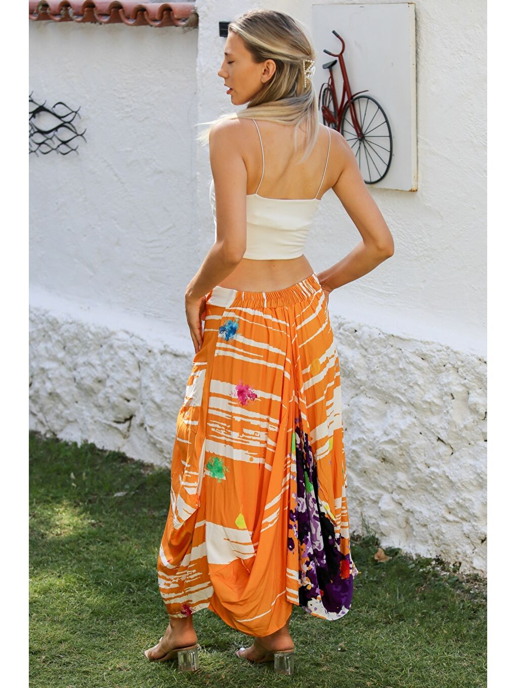 Turuncu Çift Cepli Allover Baskılı Dokuma Asimetrik Lastikli Ve Bağlamalı Bel Casual Etek-7