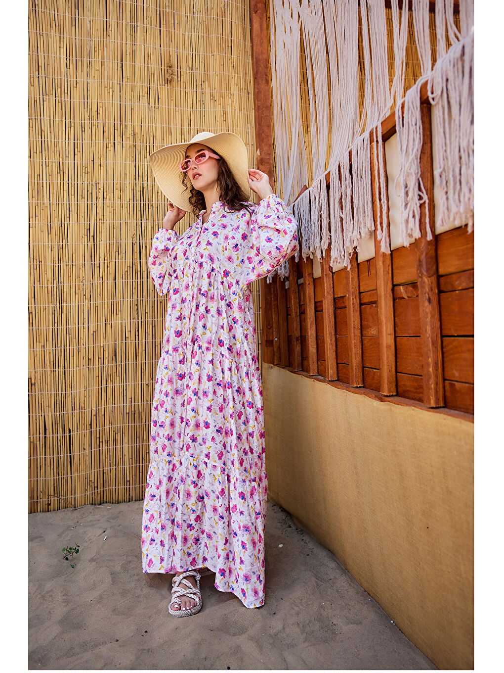 Kadın Sulu Boya Çiçek Desen Elbise Fuşya-2