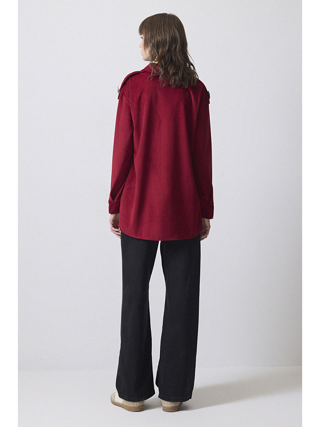 Bordo Apolet Detaylı Fitilli Kadife Gömlek-3