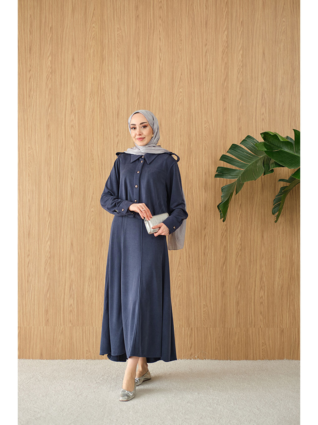 Kadın Gömlek Yaka Gümüş Düğme Detay Takım Lacivert-3