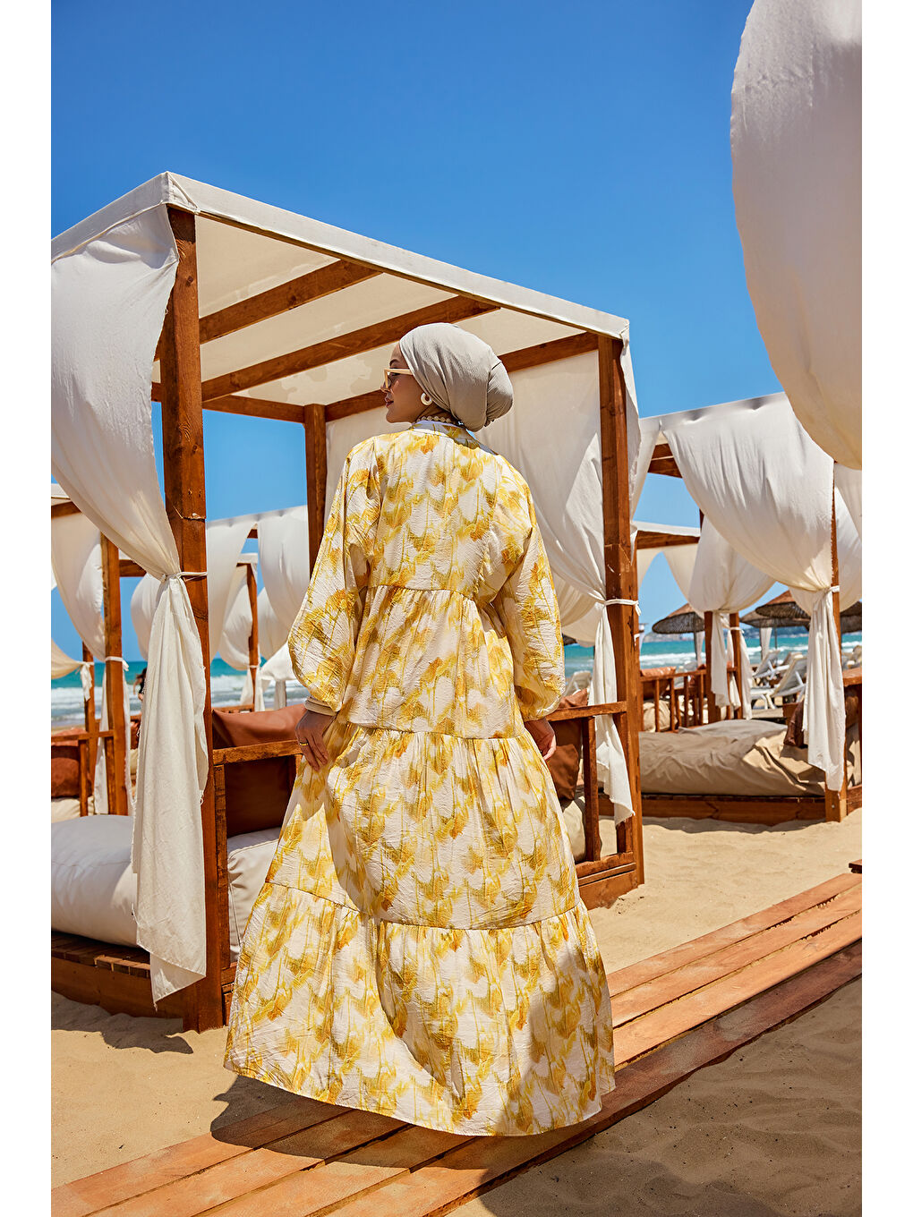 Kadın Fırça Desen Elbise Sarı-4