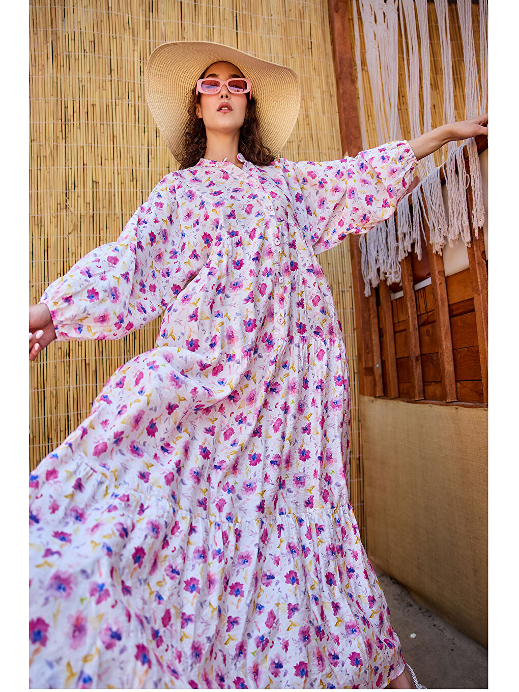 Kadın Sulu Boya Çiçek Desen Elbise Fuşya-3