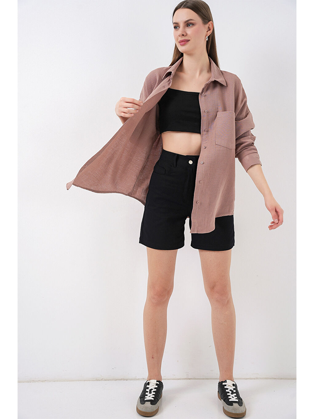 Pembe Kadın Tek Cepli Oversize Müslin Gömlek 20353 - Gül Kurusu-1