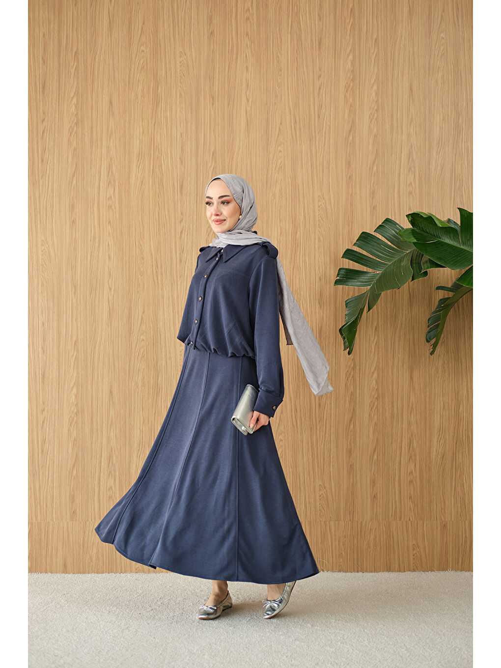 Kadın Gömlek Yaka Gümüş Düğme Detay Takım Lacivert-4